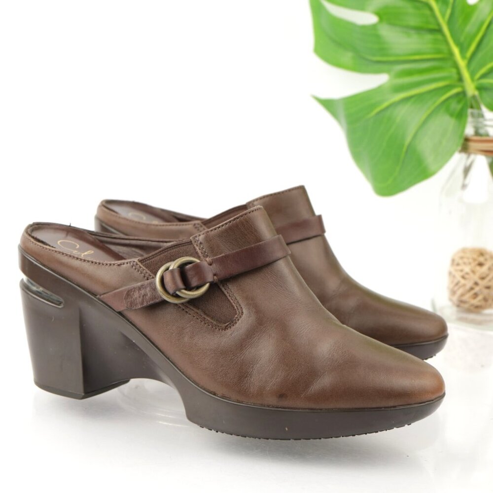 Cole Haan Womens Air Shelly Mule Size 8.5 Brown Leather Wedge Heel Platform Shoe